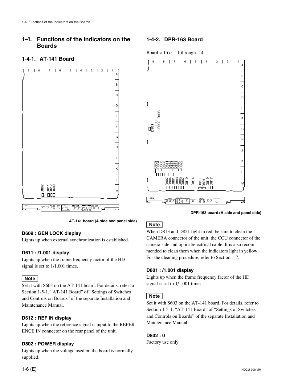 4. functions of the indicators on the boards, 4-1. at-141 board, 4-2. dpr-163 board | 6 (e), Board suffix: -11 through -14, At-141 board (a side and panel side), Dpr-163 board (a side and panel side) | Sony HDCU-900 User Manual | Page 16 / 74