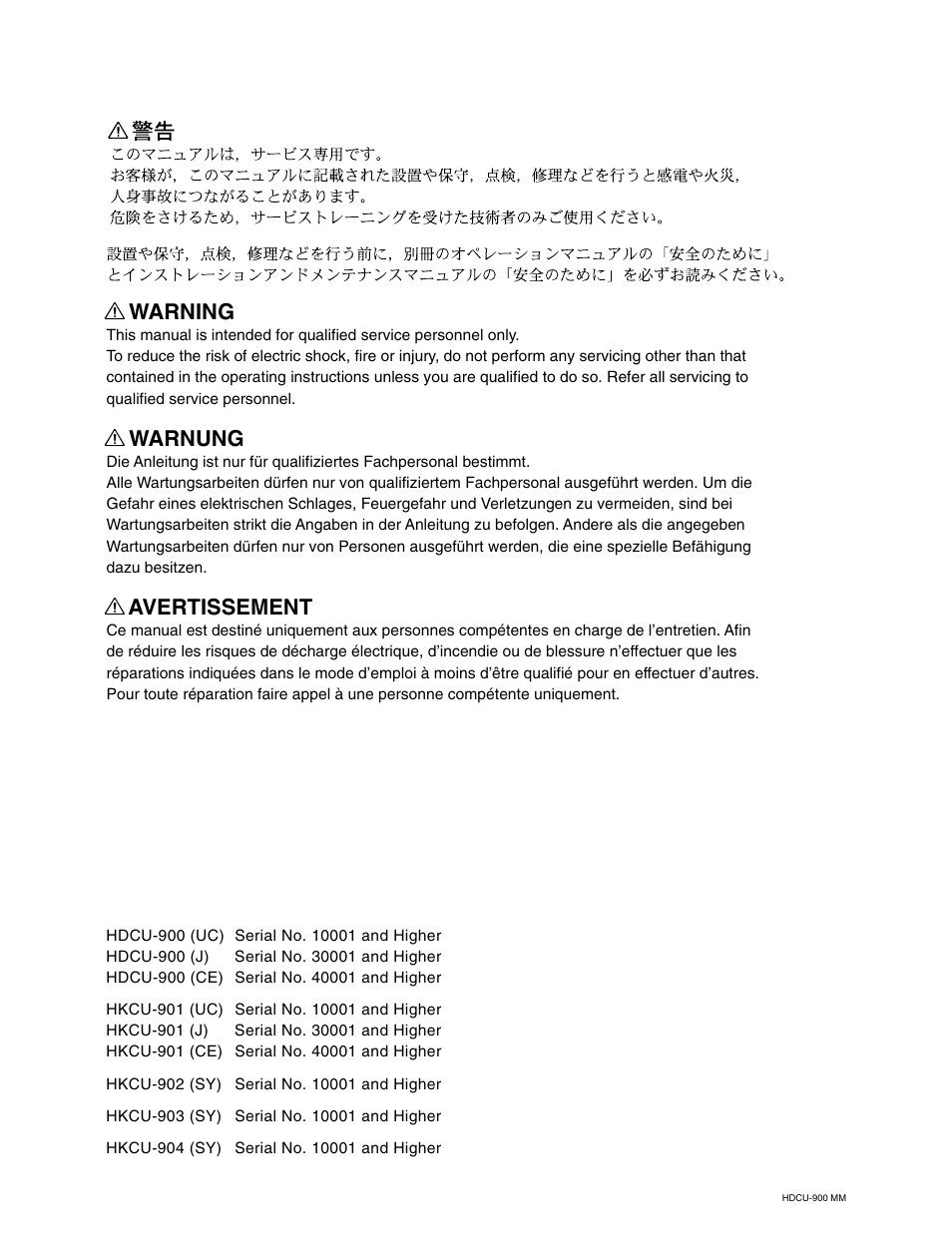 Warning, Warnung, Avertissement | Sony HDCU-900 User Manual | Page 2 / 74