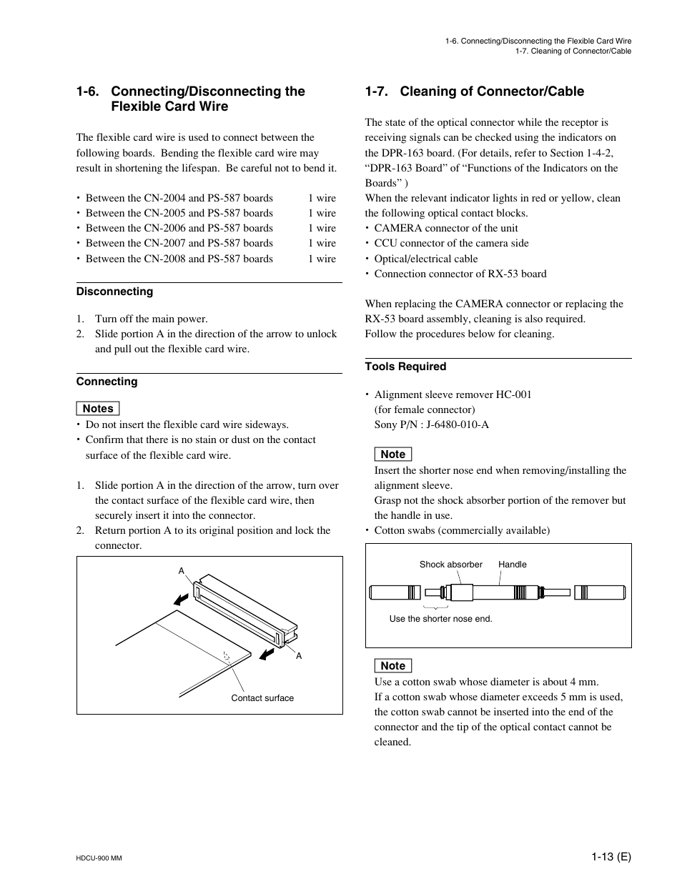 6. connecting/disconnecting the flexible card wire, 7. cleaning of connector/cable | Sony HDCU-900 User Manual | Page 23 / 74