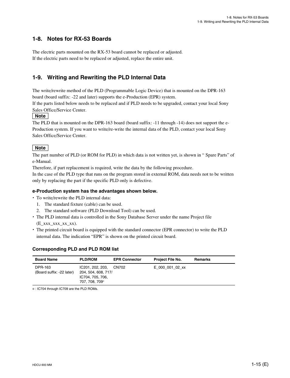 8. notes for rx-53 boards, 9. writing and rewriting the pld internal data | Sony HDCU-900 User Manual | Page 25 / 74