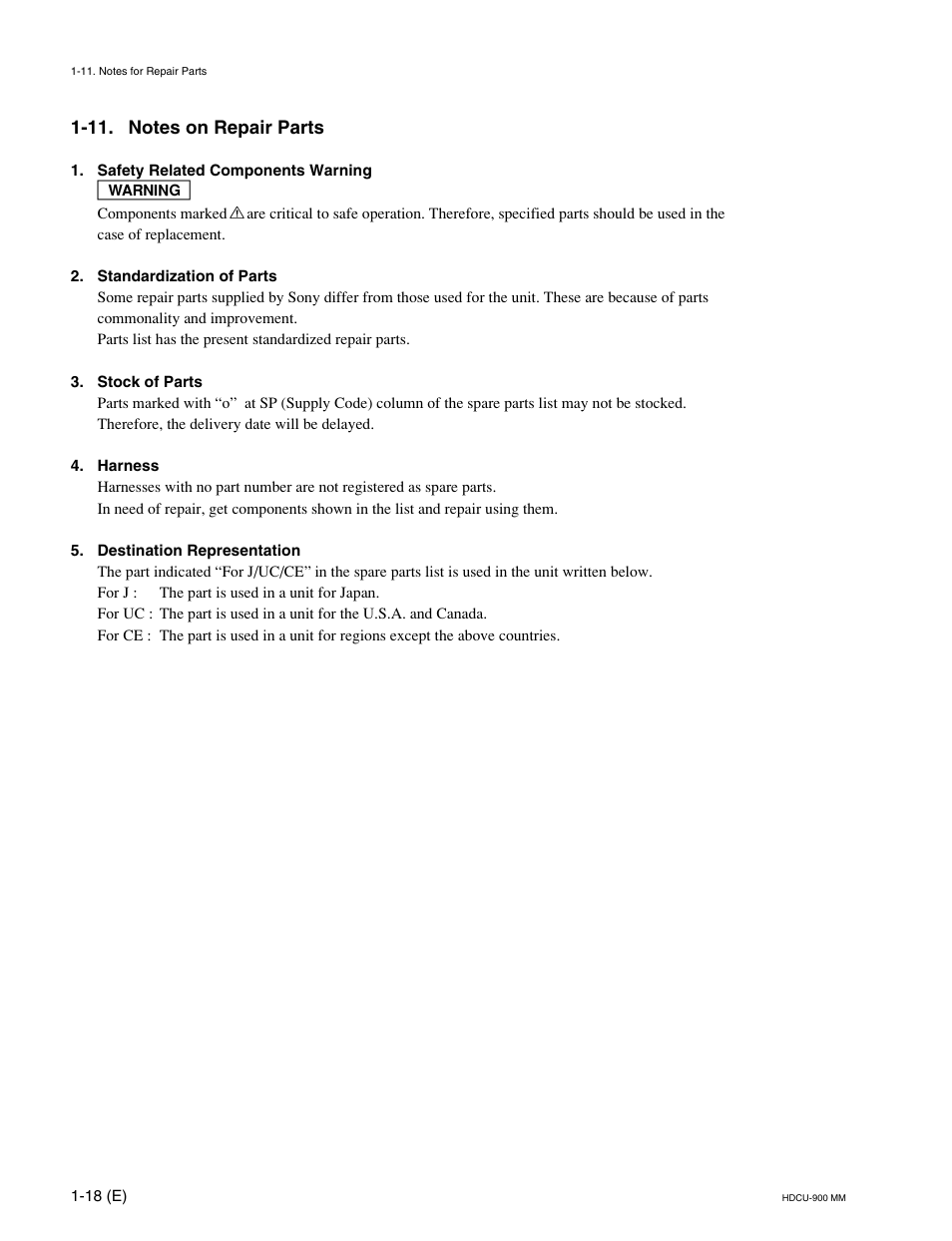 11. notes on repair parts | Sony HDCU-900 User Manual | Page 28 / 74