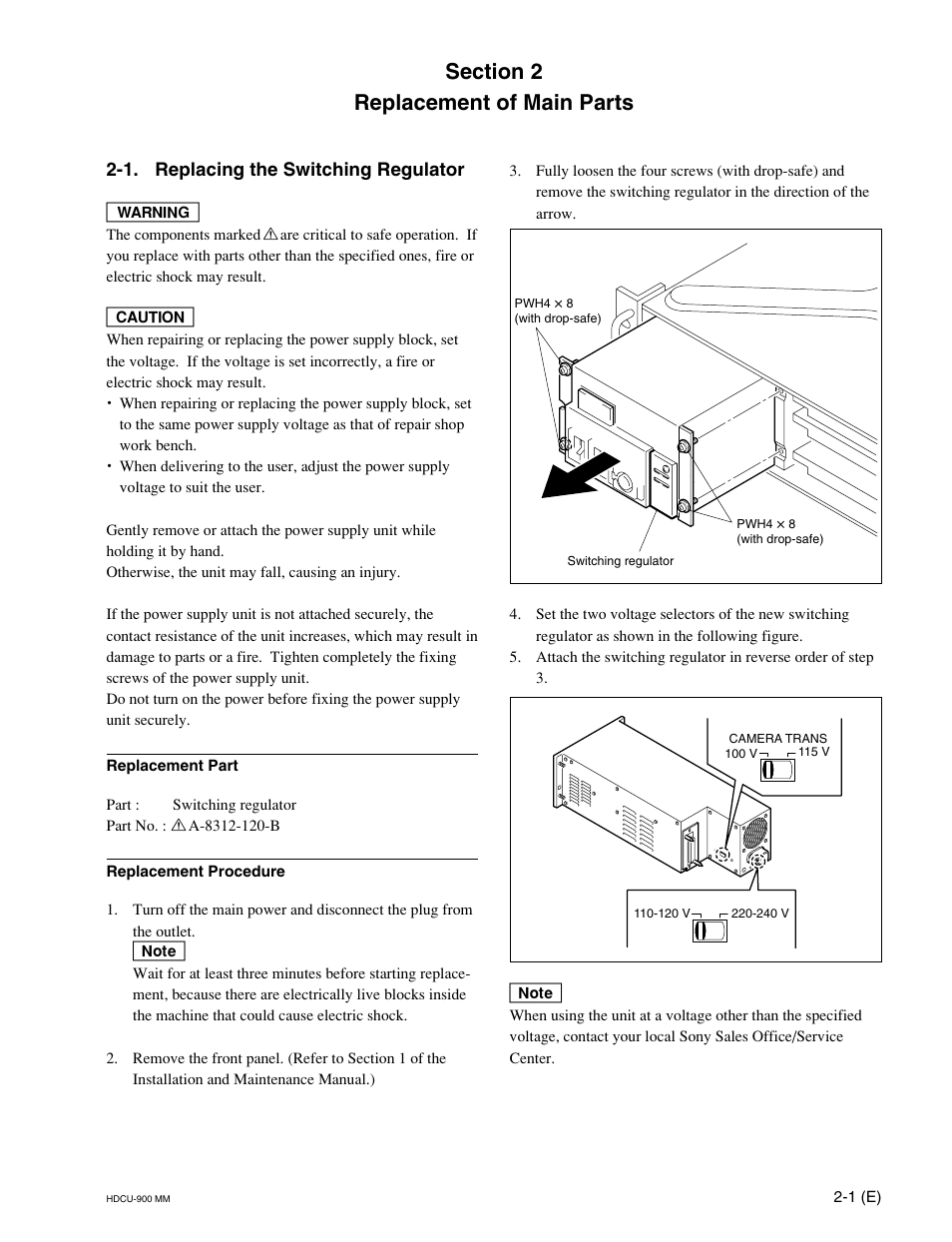 Replacement of main parts, 1. replacing the switching regulator | Sony HDCU-900 User Manual | Page 37 / 74