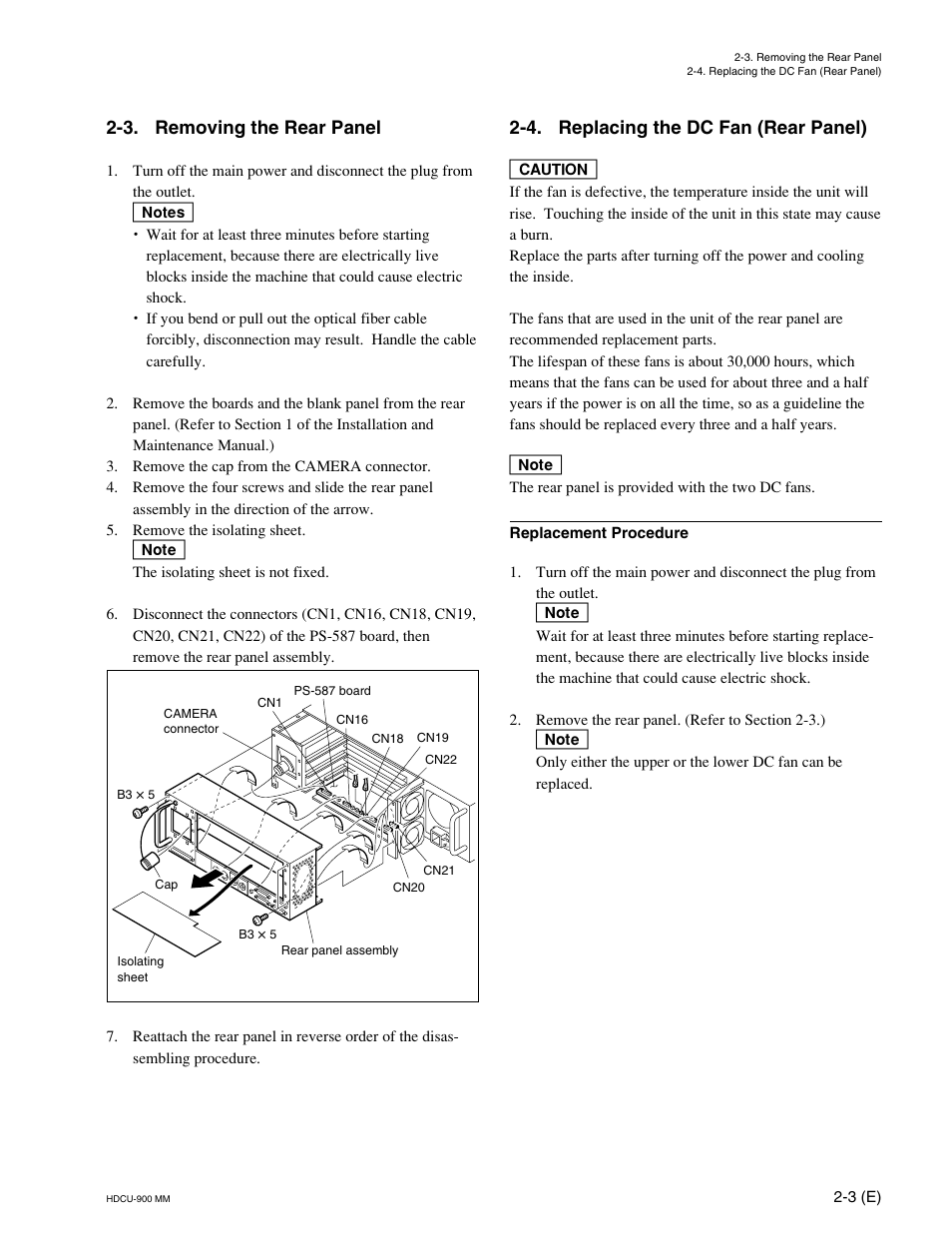 3. removing the rear panel, 4. replacing the dc fan (rear panel) | Sony HDCU-900 User Manual | Page 39 / 74