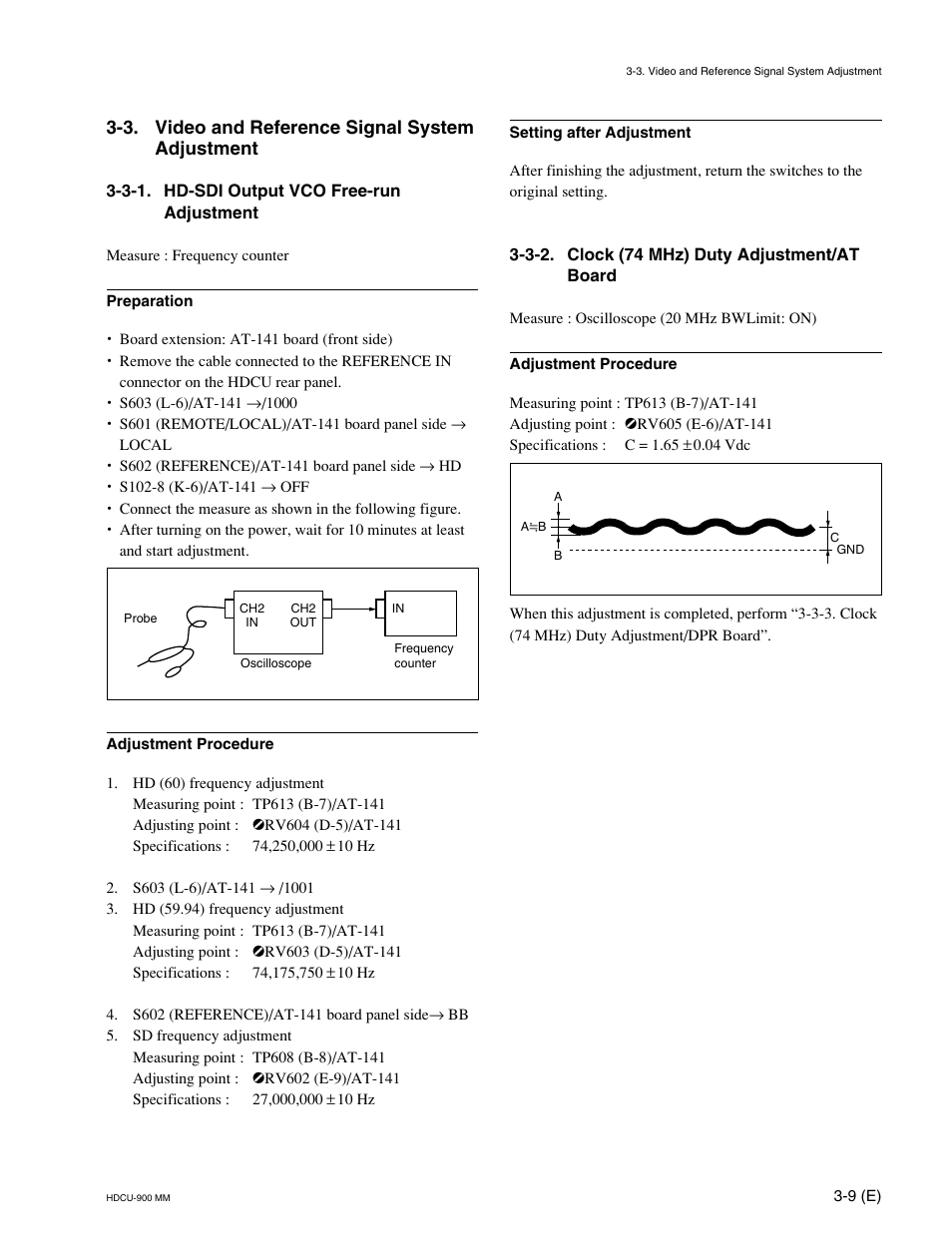 3. video and reference signal system adjustment, 3-1. hd-sdi output vco free-run adjustment, 3-2. clock (74 mhz) duty adjustment/at board | Sony HDCU-900 User Manual | Page 53 / 74