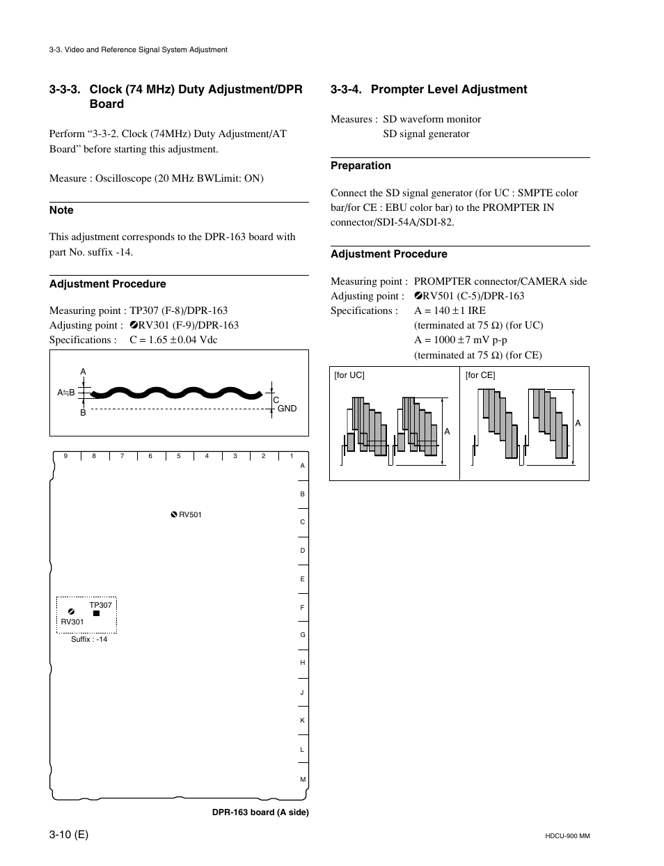 3-3. clock (74 mhz) duty adjustment/dpr board, 3-4. prompter level adjustment | Sony HDCU-900 User Manual | Page 54 / 74