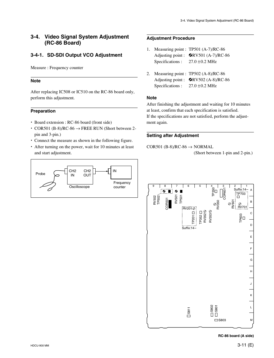 4. video signal system adjustment (rc-86 board), 4-1. sd-sdi output vco adjustment | Sony HDCU-900 User Manual | Page 55 / 74