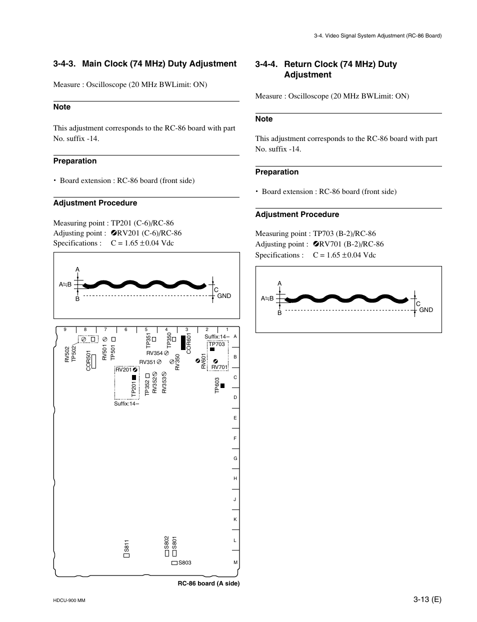 4-3. main clock (74 mhz) duty adjustment, 4-4. return clock (74 mhz) duty adjustment, 13 (e) | Sony HDCU-900 User Manual | Page 57 / 74