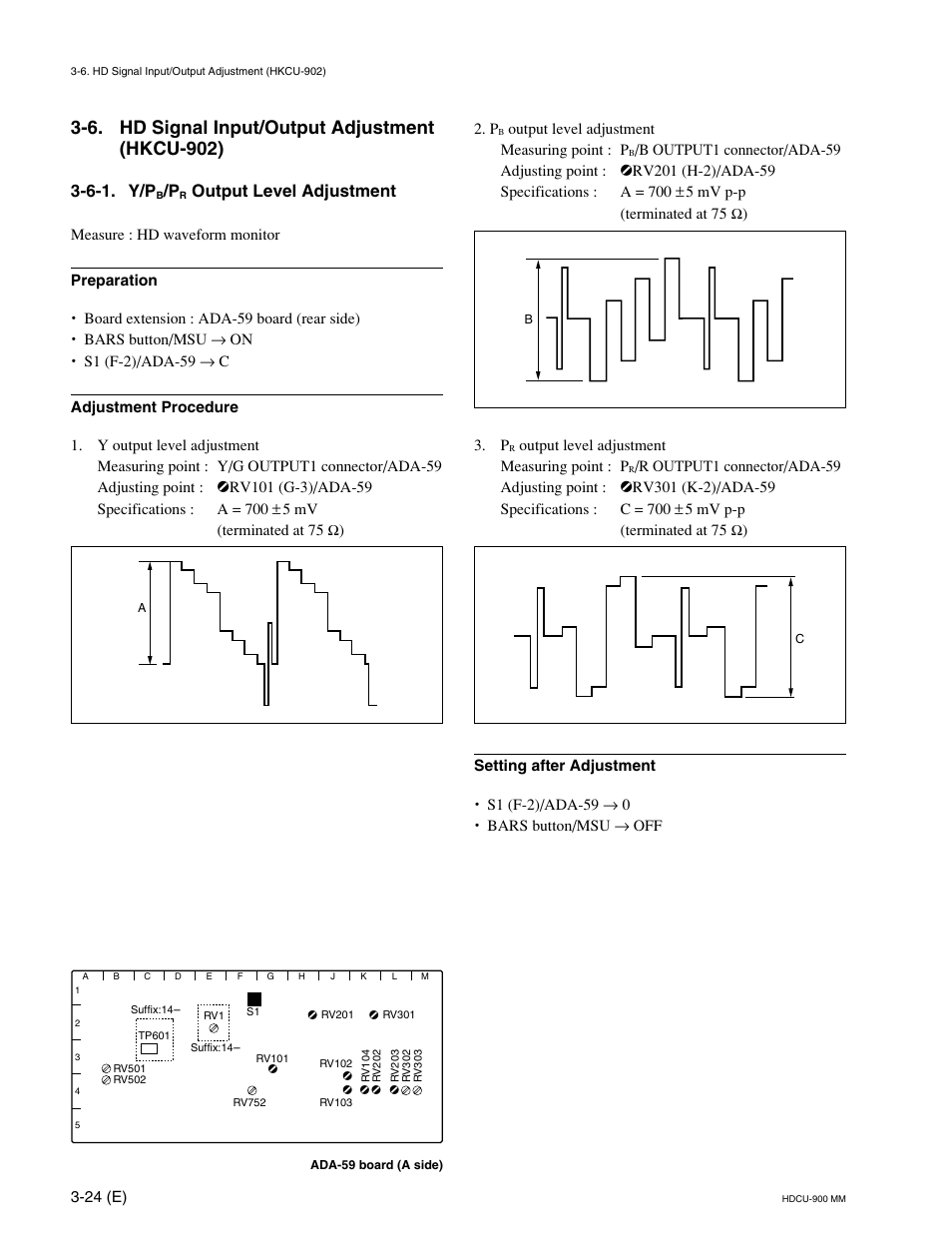 6. hd signal input/output adjustment (hkcu-902), 6-1. y/pb/pr output level adjustment, 6-1. y/p | Output level adjustment | Sony HDCU-900 User Manual | Page 68 / 74