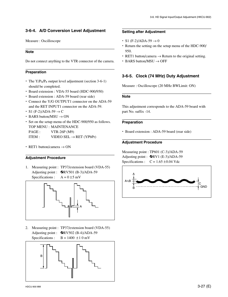 6-4. a/d conversion level adjustment, 6-5. clock (74 mhz) duty adjustment | Sony HDCU-900 User Manual | Page 71 / 74