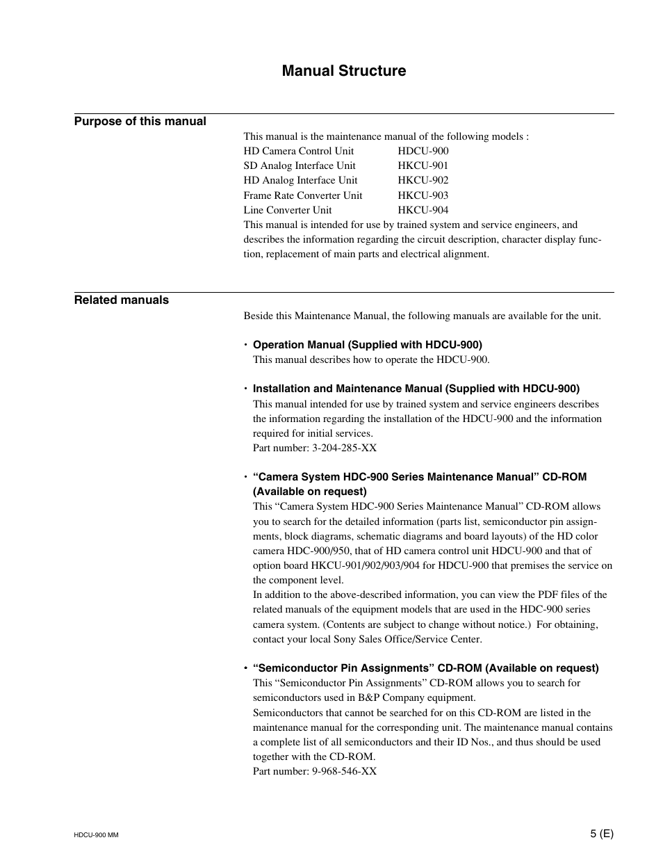 Manual structure, Purpose of this manual, Related manuals | Sony HDCU-900 User Manual | Page 9 / 74