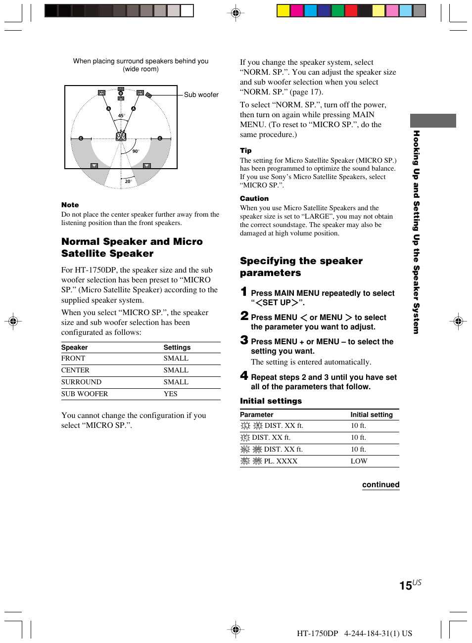 Normal speaker and micro satellite speaker, Specifying the speaker parameters | Sony HT-1750DP User Manual | Page 15 / 48
