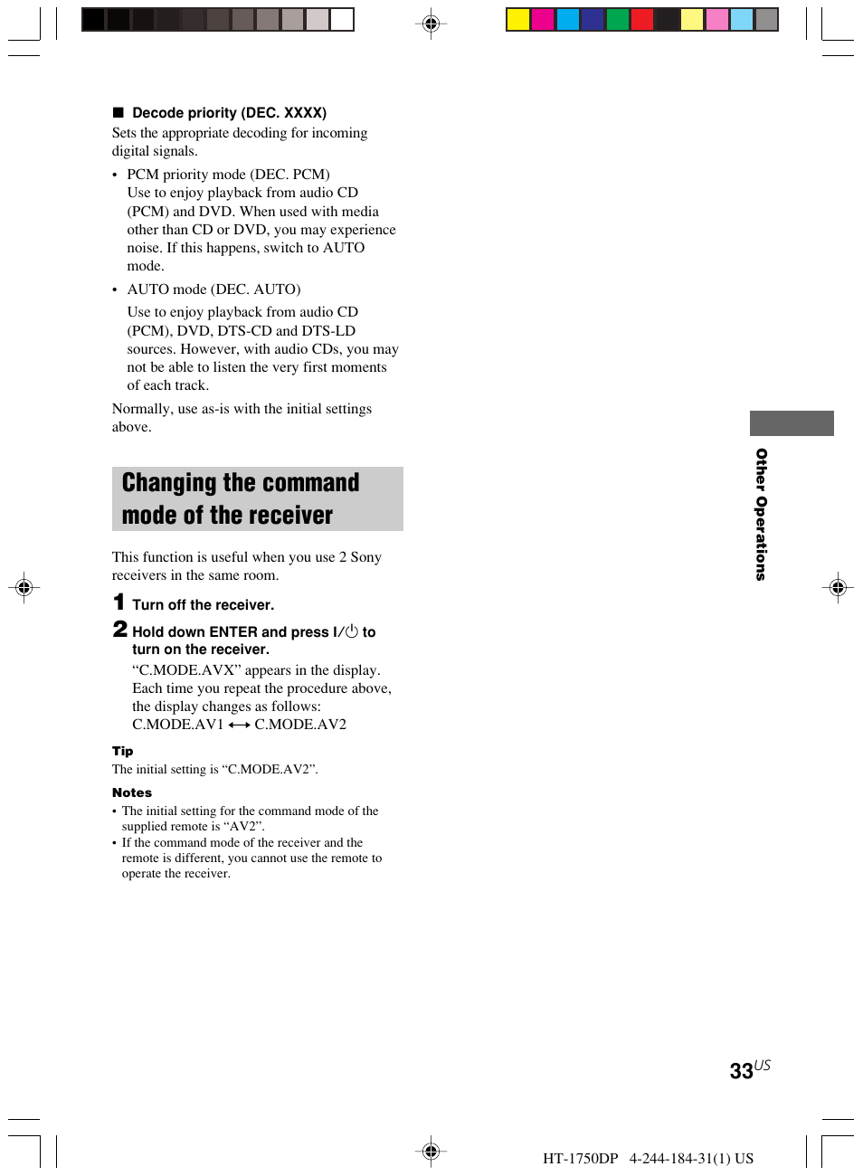 Changing the command mode of the, Receiver, Changing the command mode of the receiver | Sony HT-1750DP User Manual | Page 33 / 48
