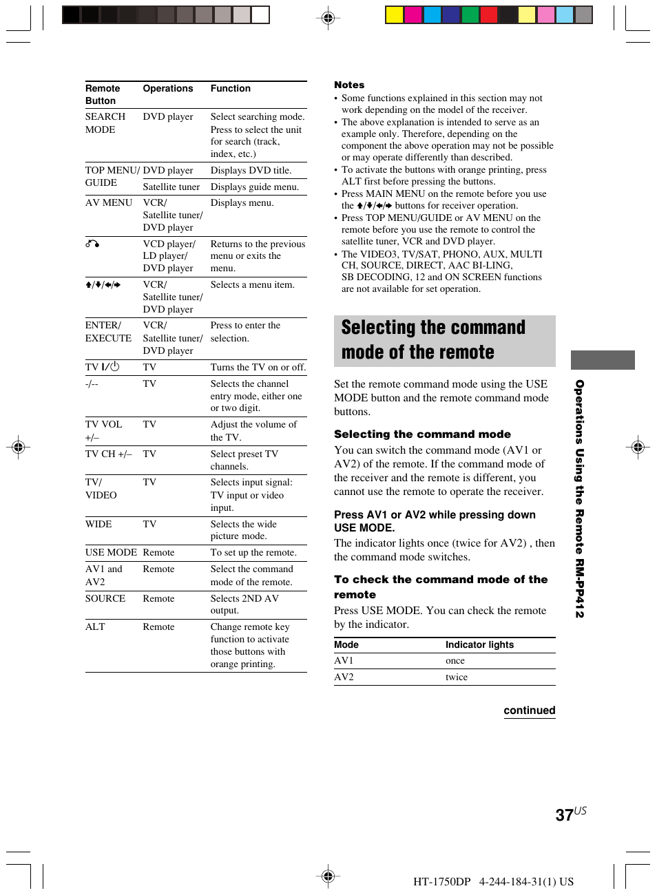 Selecting the command mode of the, Remote, Selecting the command mode of the remote | Sony HT-1750DP User Manual | Page 37 / 48