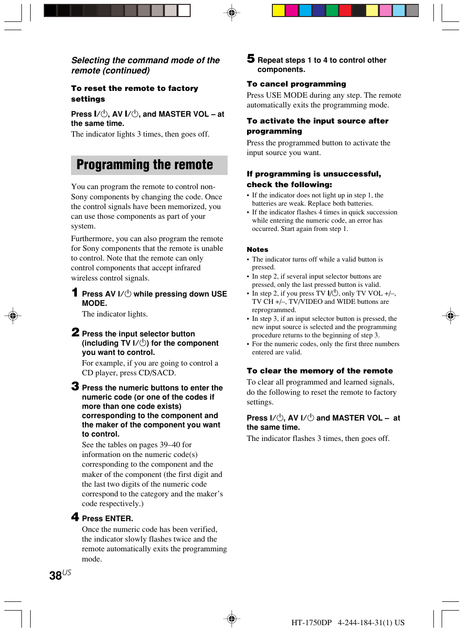 Programming the remote | Sony HT-1750DP User Manual | Page 38 / 48
