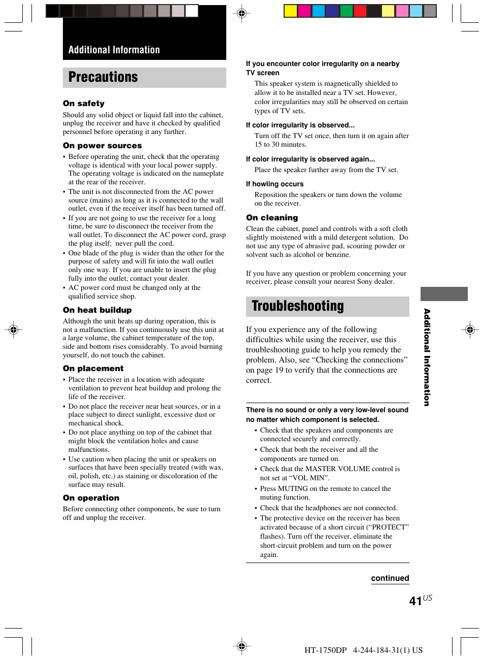 Additional information, Precautions troubleshooting, Troubleshooting | Precautions | Sony HT-1750DP User Manual | Page 41 / 48
