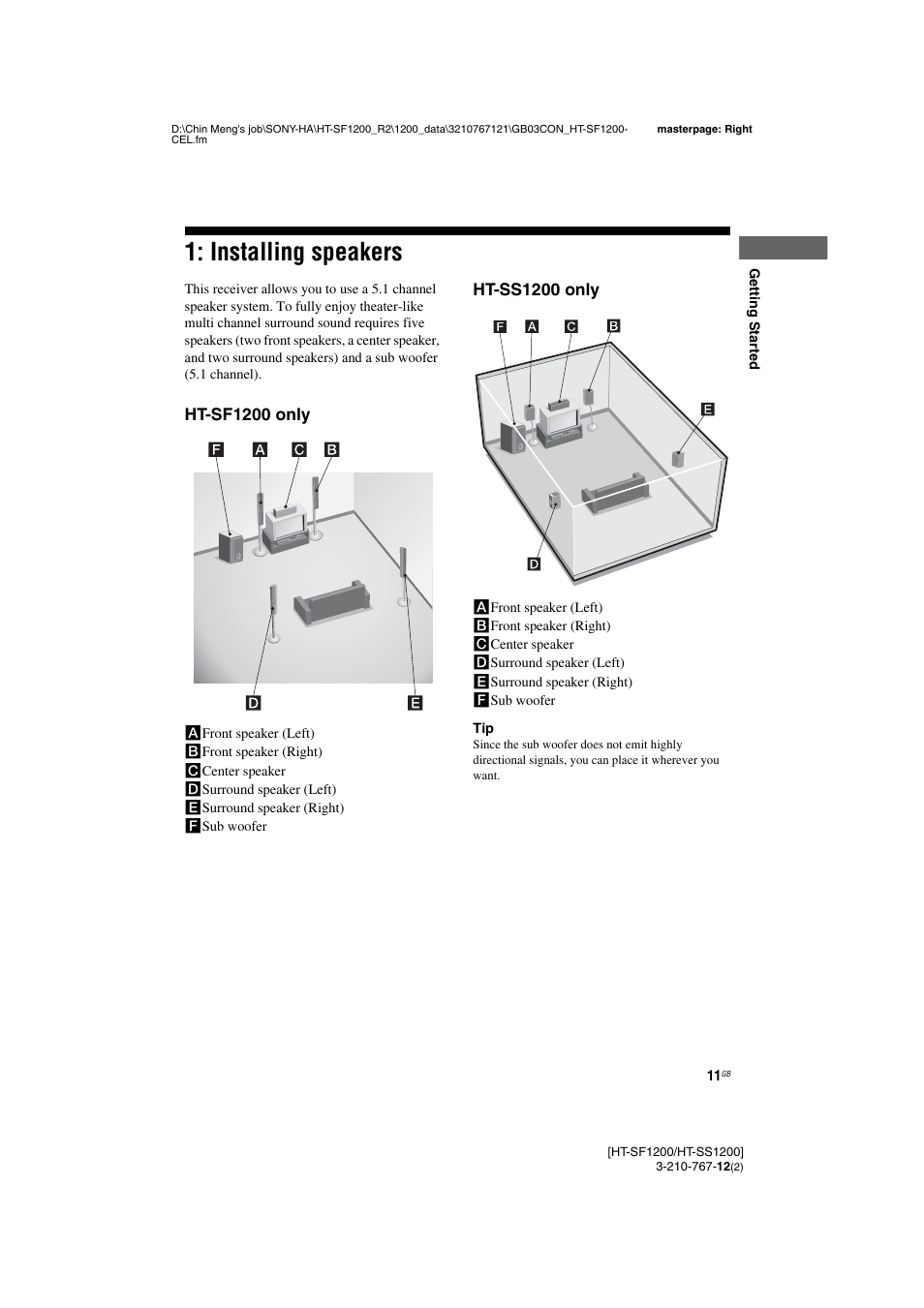 Installing speakers | Sony HT-SF1200 User Manual | Page 11 / 68