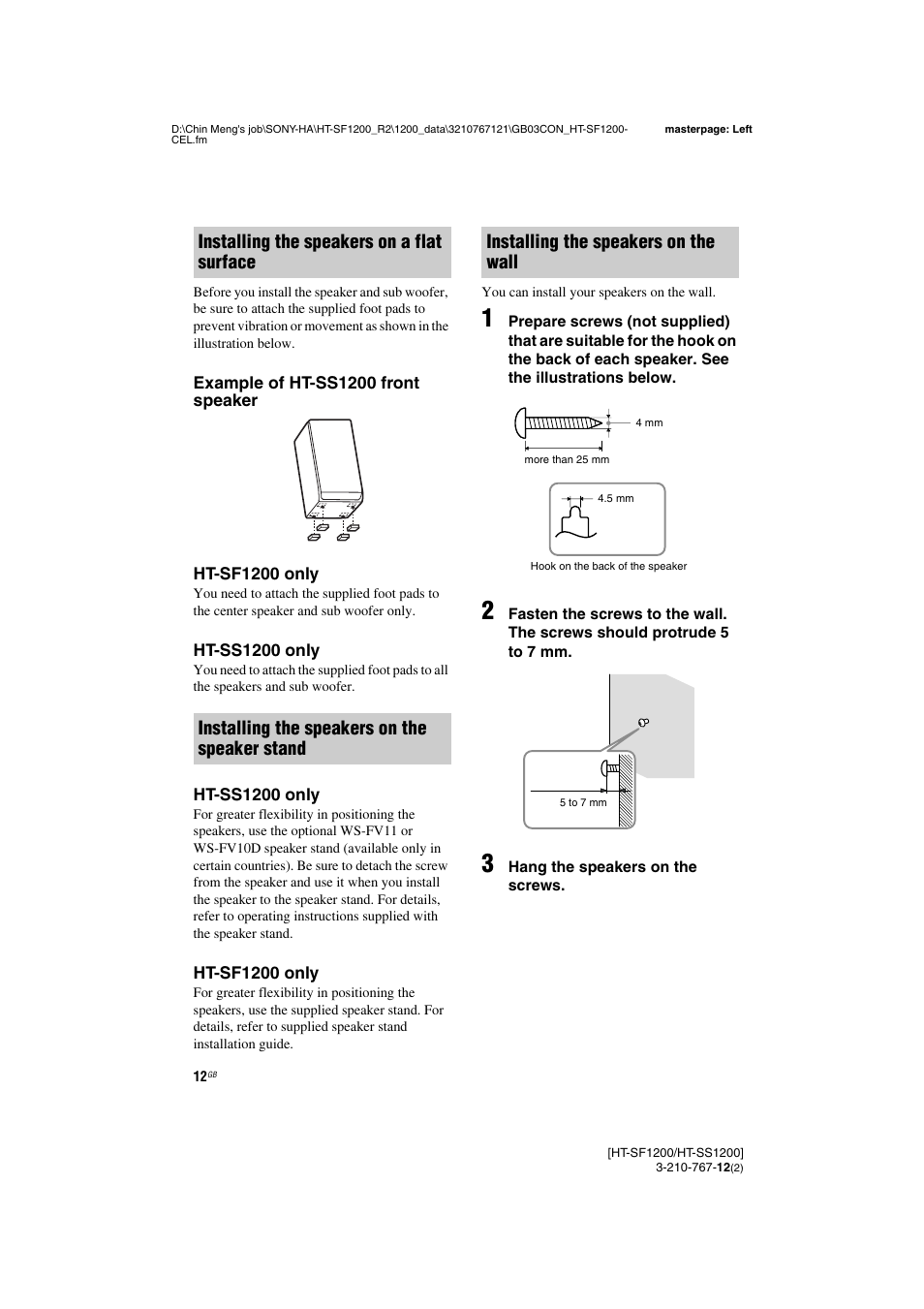 Sony HT-SF1200 User Manual | Page 12 / 68