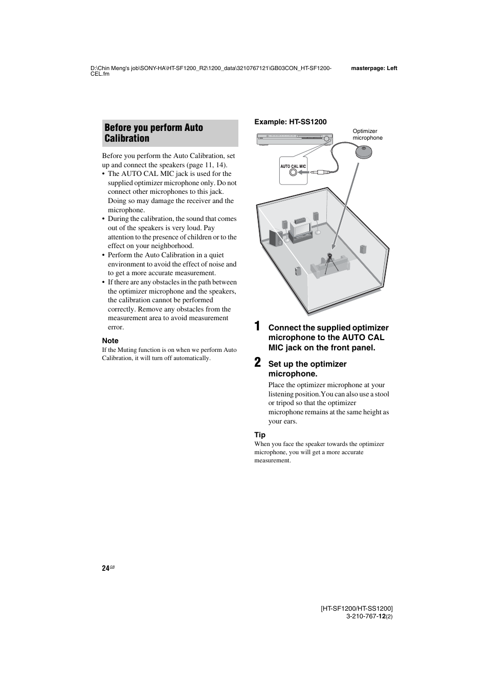 Before you perform auto calibration | Sony HT-SF1200 User Manual | Page 24 / 68