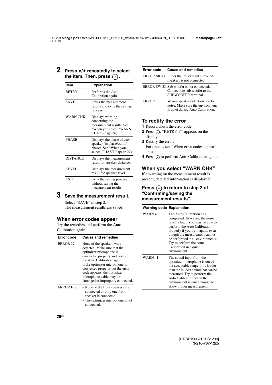 See “when, Error codes, When error codes appear | When you select “warn chk | Sony HT-SF1200 User Manual | Page 26 / 68