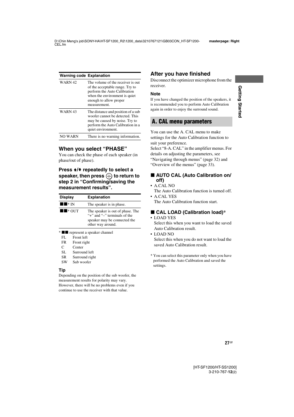 When you, A. cal menu parameters, When you select “phase | After you have finished | Sony HT-SF1200 User Manual | Page 27 / 68
