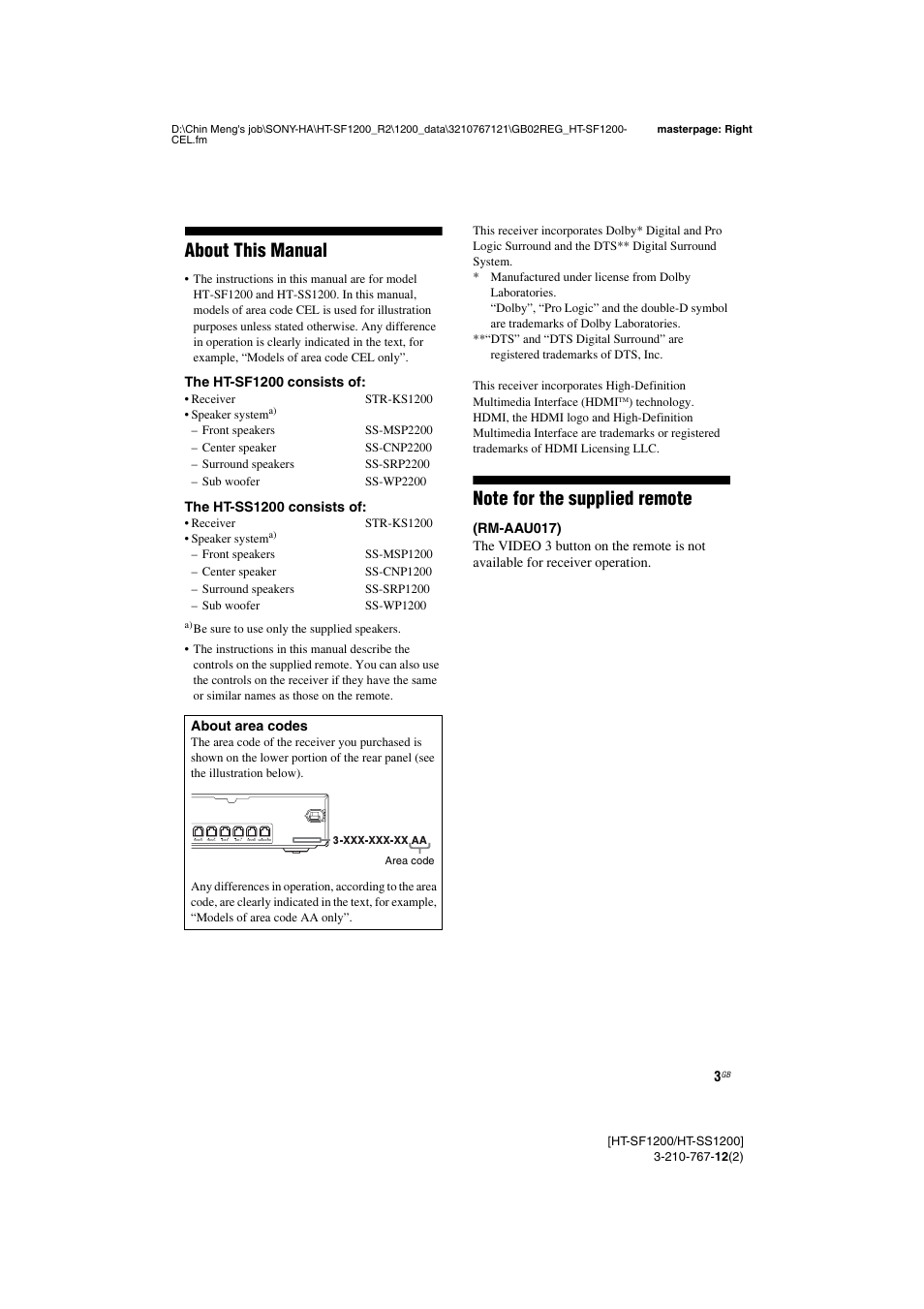 About this manual | Sony HT-SF1200 User Manual | Page 3 / 68
