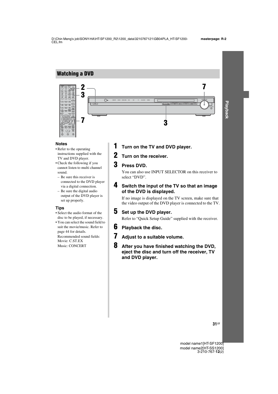 Watching a dvd, Turn on the tv and dvd player, Turn on the receiver | Press dvd, Set up the dvd player, Playback the disc, Adjust to a suitable volume, Play b a ck, Tips | Sony HT-SF1200 User Manual | Page 31 / 68