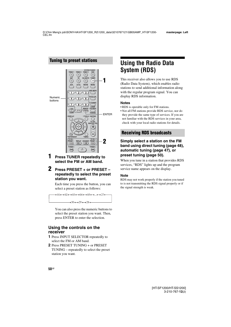 Using the radio data system (rds), Tuning to preset stations, Receiving rds broadcasts | Using the controls on the receiver, Press tuner repeatedly to select the fm or am band | Sony HT-SF1200 User Manual | Page 50 / 68