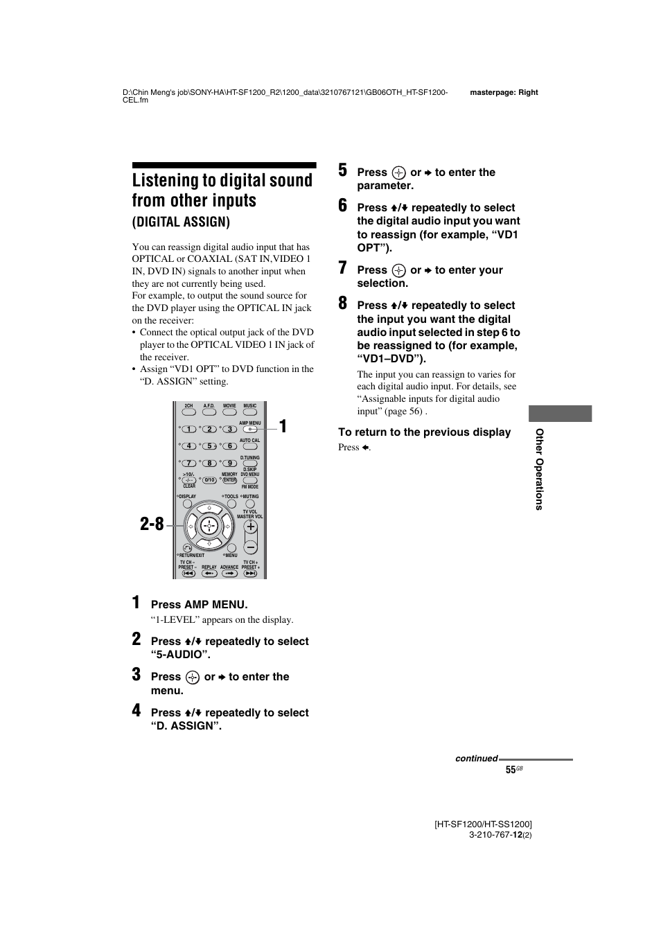 Listening to digital sound from other inputs, Digital assign) | Sony HT-SF1200 User Manual | Page 55 / 68