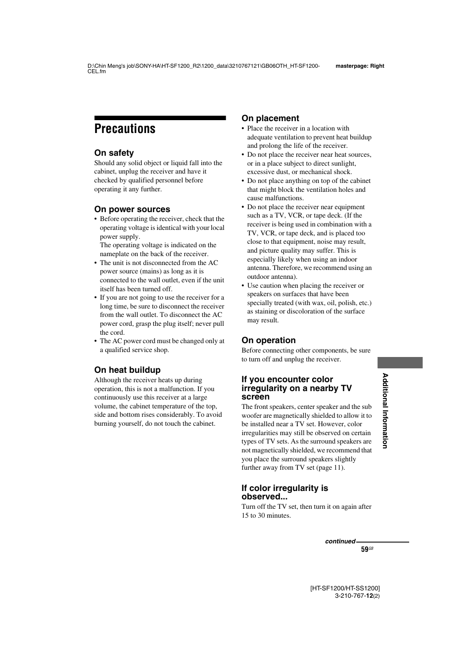Precautions | Sony HT-SF1200 User Manual | Page 59 / 68