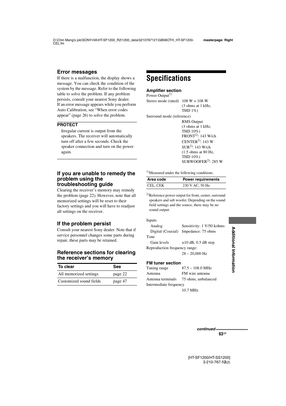 Specifications | Sony HT-SF1200 User Manual | Page 63 / 68