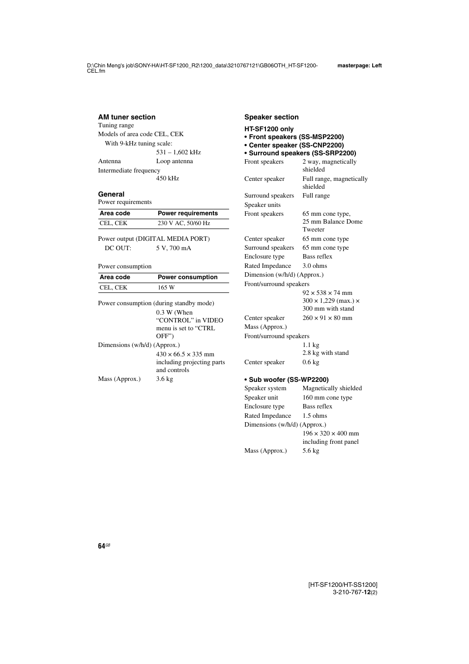 Sony HT-SF1200 User Manual | Page 64 / 68