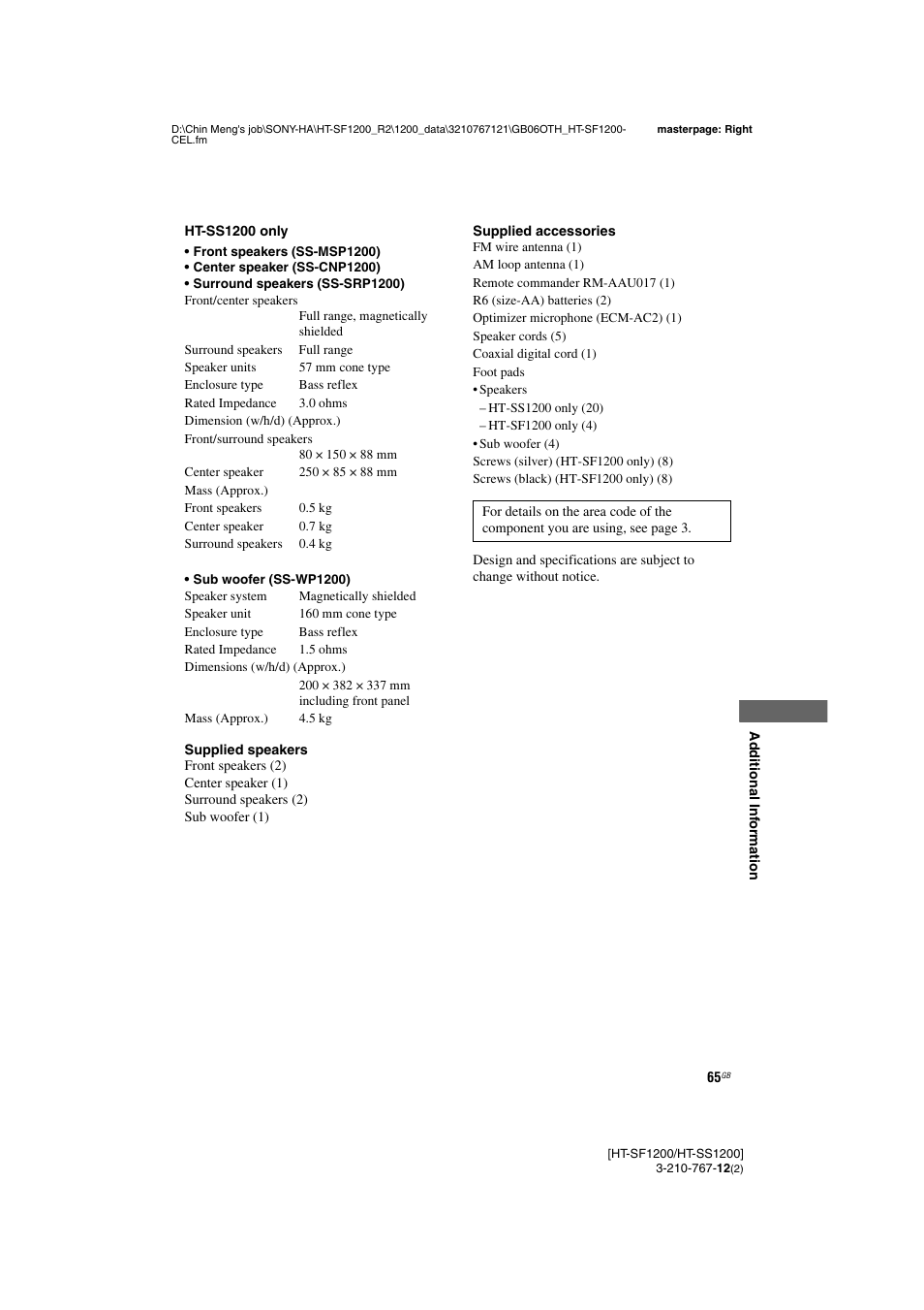Sony HT-SF1200 User Manual | Page 65 / 68