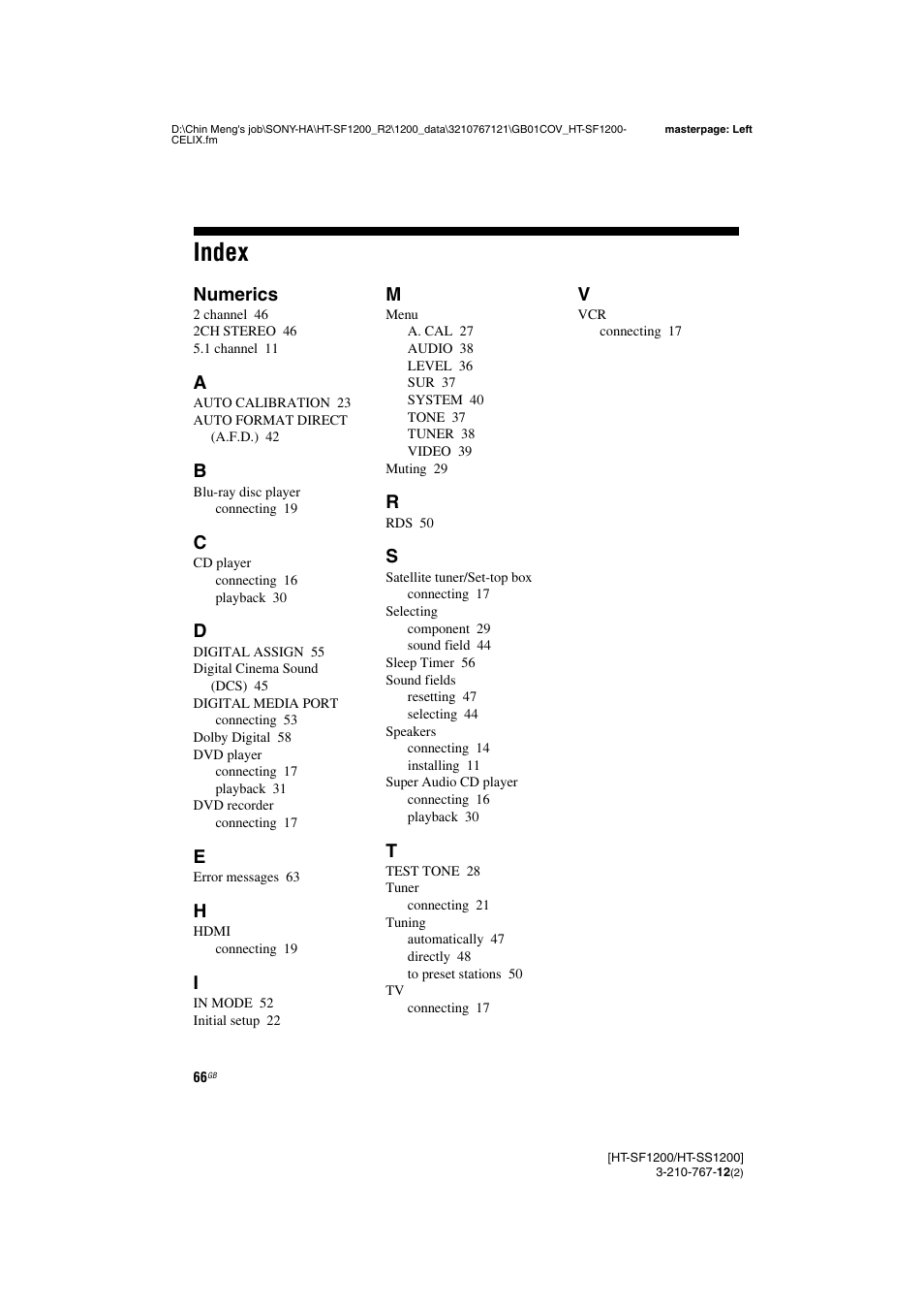 Index, Numerics | Sony HT-SF1200 User Manual | Page 66 / 68