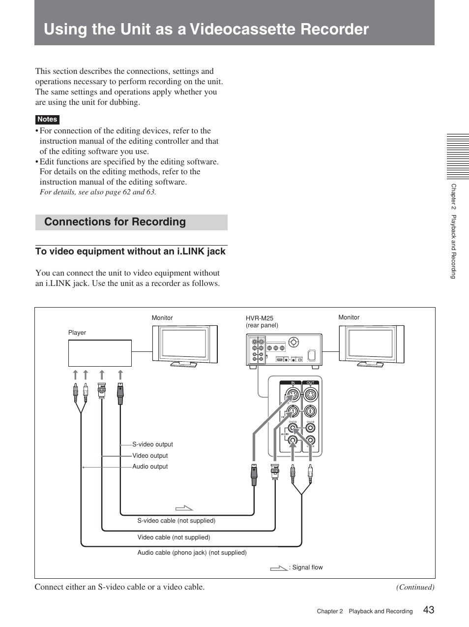 Using the unit as a videocassette recorder, Connections for recording | Sony 2-678-737-13(1) User Manual | Page 43 / 104