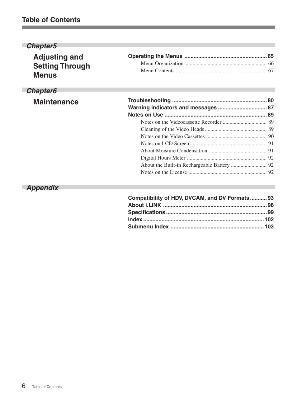 Adjusting and setting through menus, Maintenance | Sony 2-678-737-13(1) User Manual | Page 6 / 104