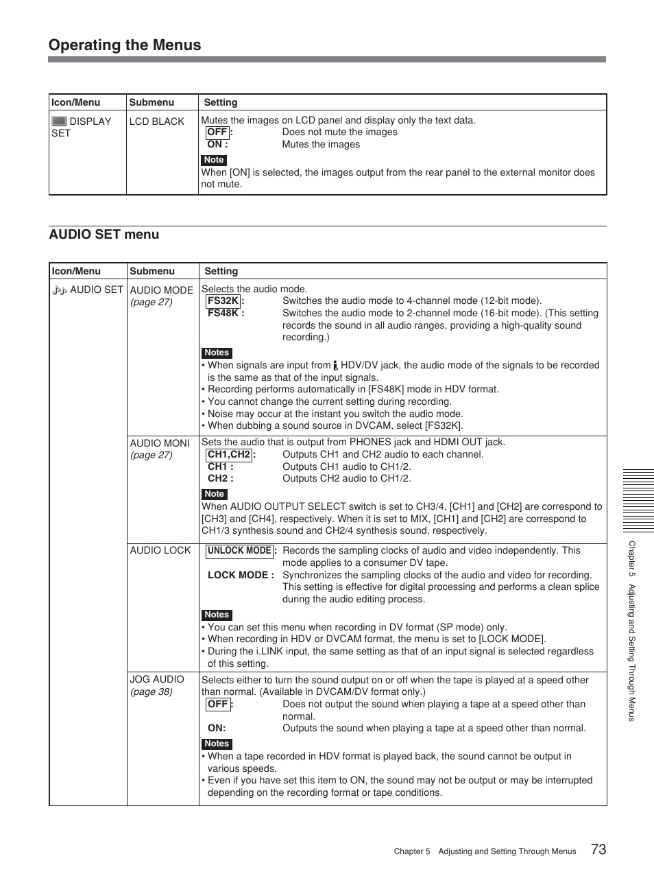 Operating the menus, Audio set menu | Sony 2-678-737-13(1) User Manual | Page 73 / 104