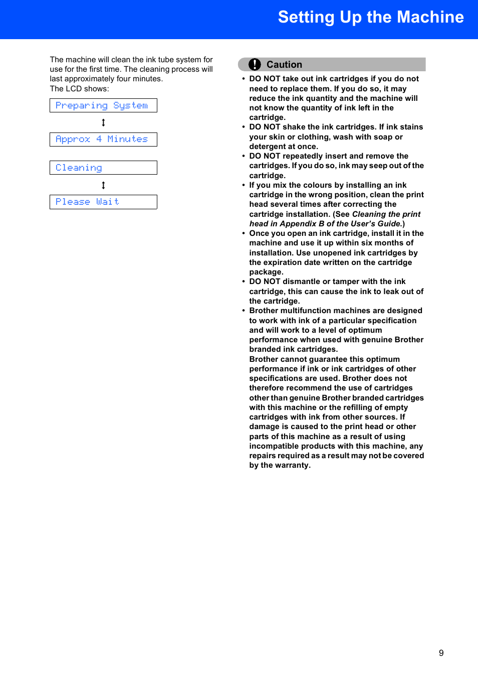 Setting up the machine, Preparing system, Approx 4 minutes | Cleaning, Please wait, Caution | Sony MFC-240C User Manual | Page 11 / 27