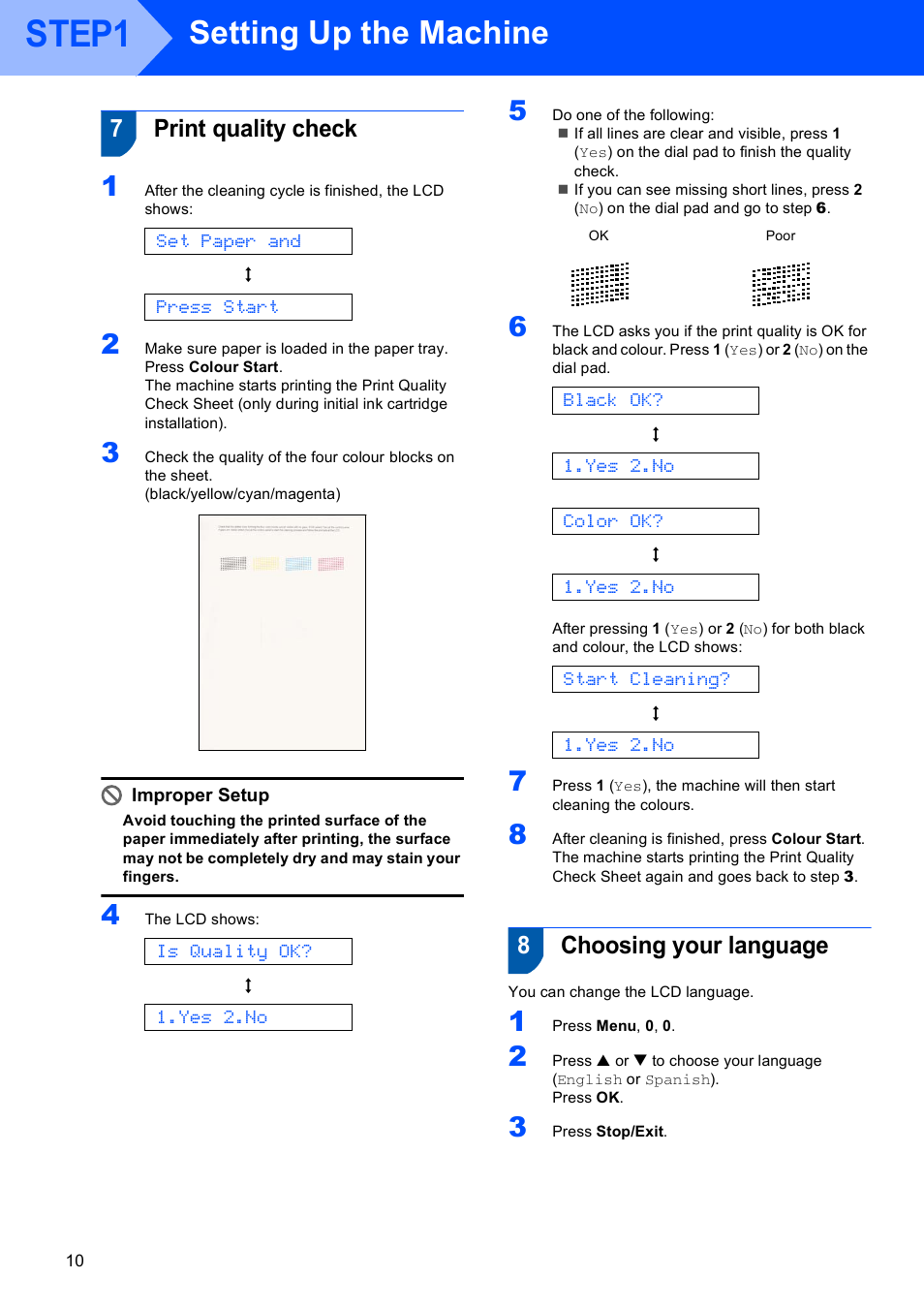 7 print quality check, 8 choosing your language, Print quality check choosing your language | Step1, Setting up the machine, 7print quality check, 8choosing your language, Set paper and, Press start, Is quality ok | Sony MFC-240C User Manual | Page 12 / 27