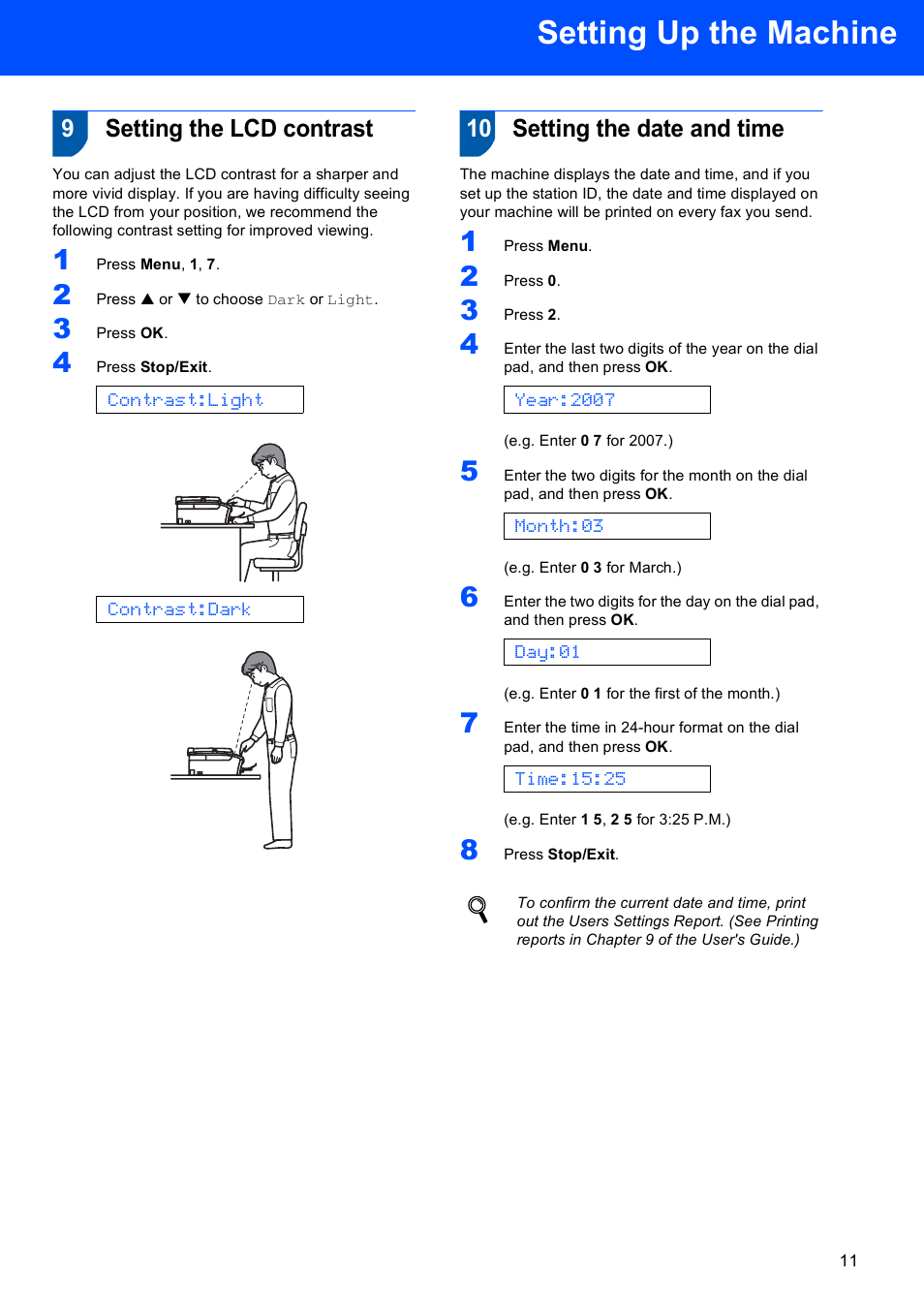 9 setting the lcd contrast, 10 setting the date and time, Setting the lcd contrast setting the date and time | Setting up the machine, 9setting the lcd contrast | Sony MFC-240C User Manual | Page 13 / 27