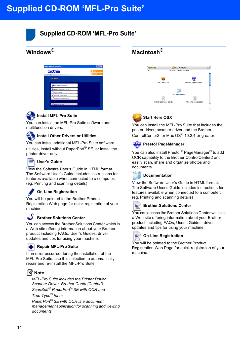 Step2 : installing the driver & software, Supplied cd-rom ‘mfl-pro suite, Windows | Macintosh | Sony MFC-240C User Manual | Page 16 / 27