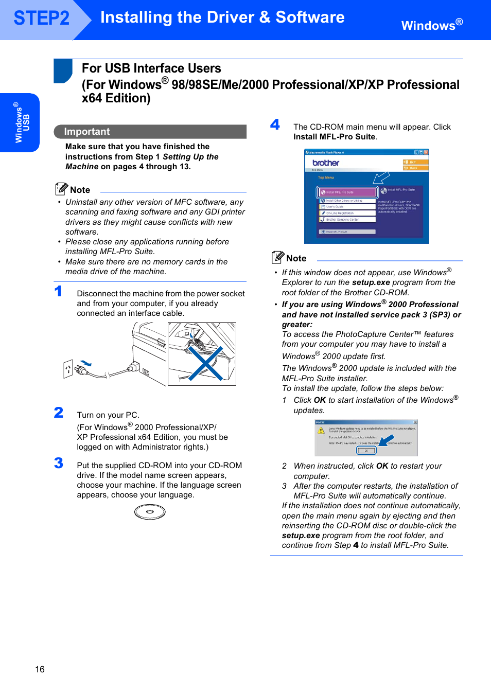 Windows, For usb interface users (for windows, For usb interface users | For windows, Step2, Installing the driver & software, Important | Sony MFC-240C User Manual | Page 18 / 27