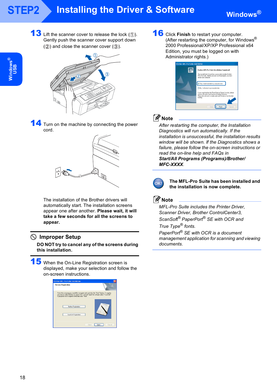 Step2, Installing the driver & software, Windows | Improper setup | Sony MFC-240C User Manual | Page 20 / 27