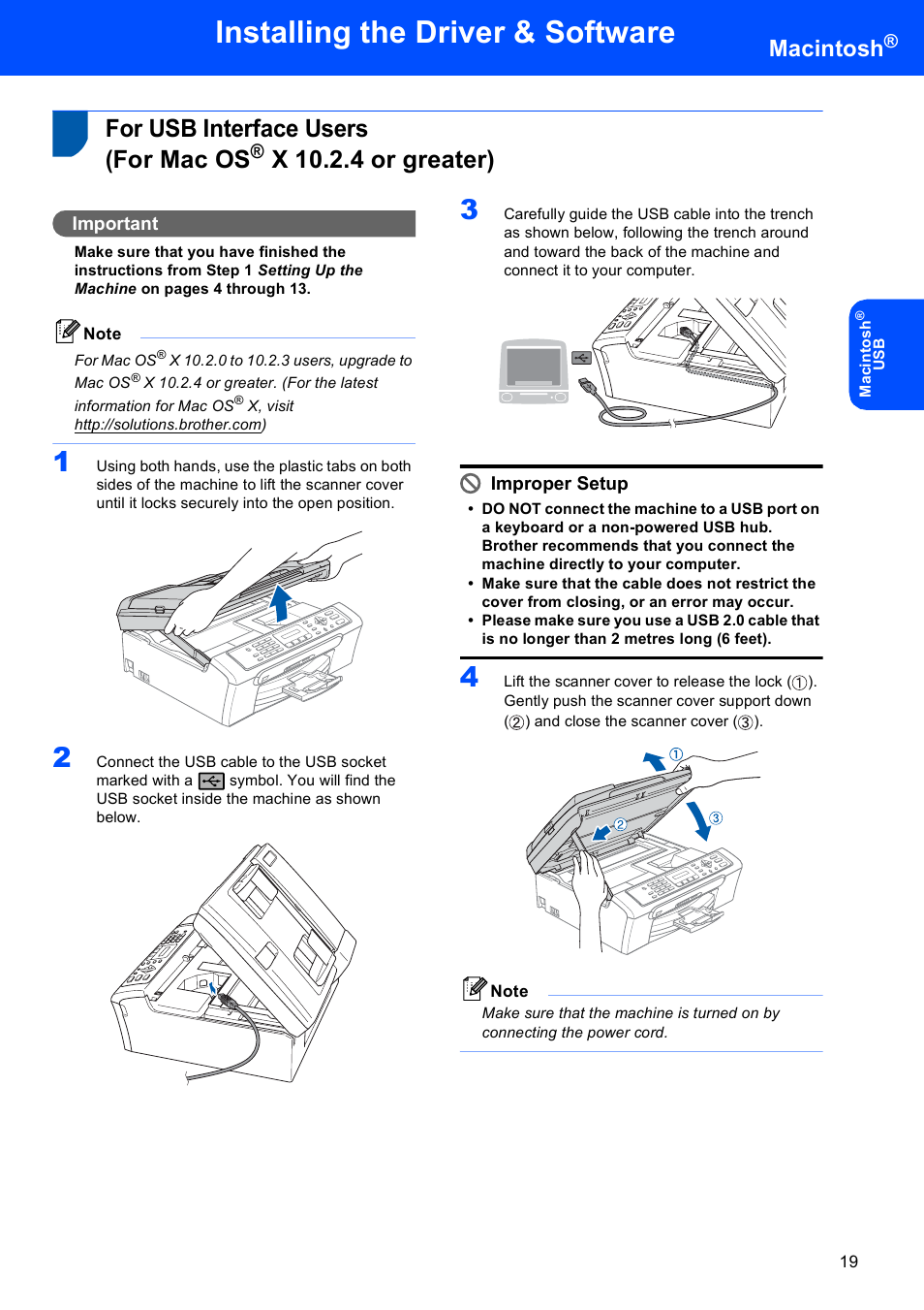 Macintosh, For usb interface users (for mac os, X 10.2.4 or greater) | For usb interface users, For mac os, Installing the driver & software, Important, Improper setup | Sony MFC-240C User Manual | Page 21 / 27