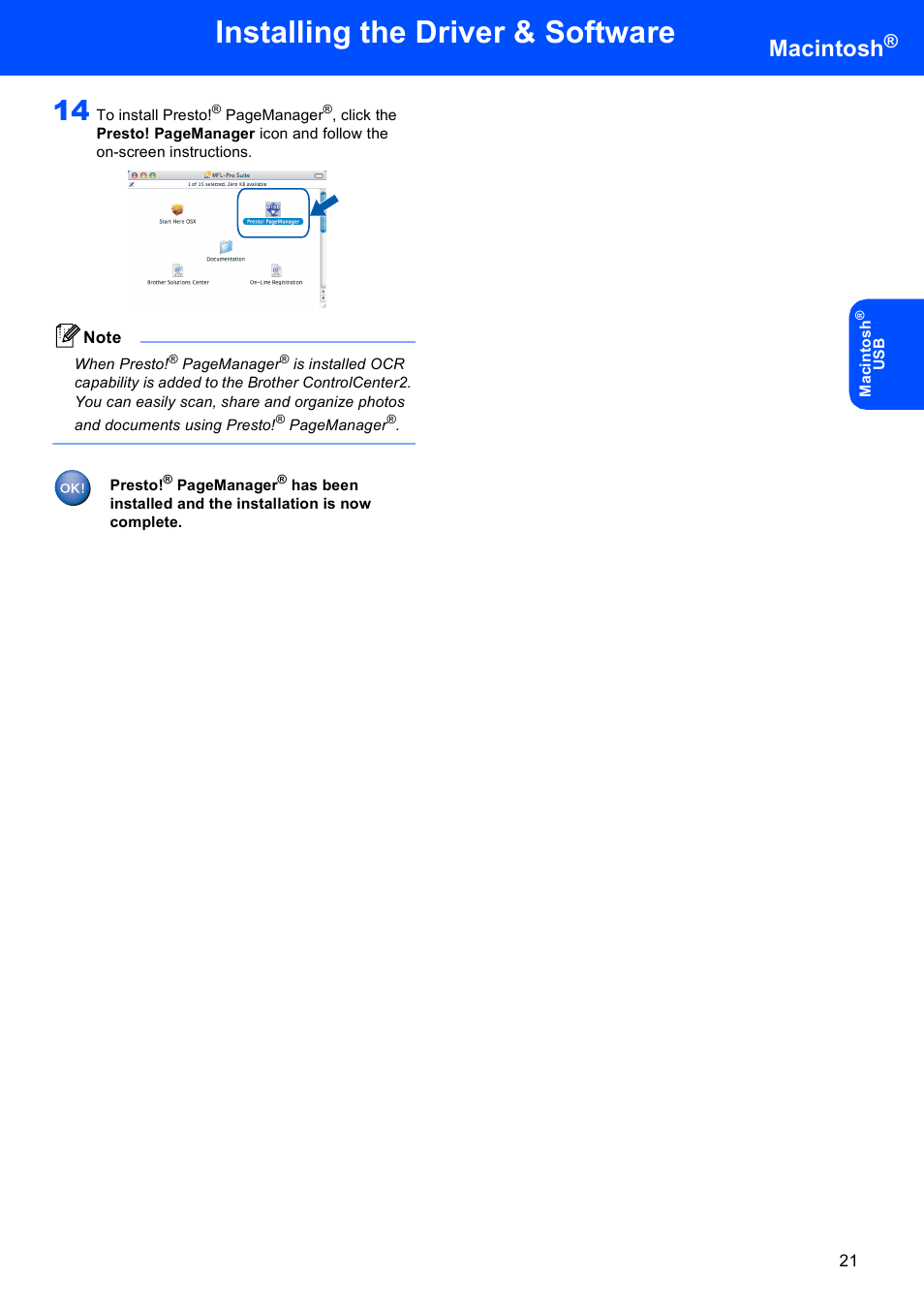 Installing the driver & software, Macintosh | Sony MFC-240C User Manual | Page 23 / 27