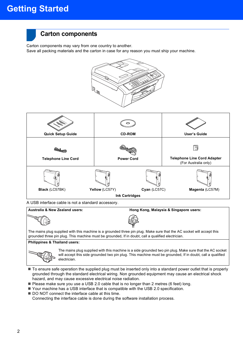 Getting started, Carton components | Sony MFC-240C User Manual | Page 4 / 27