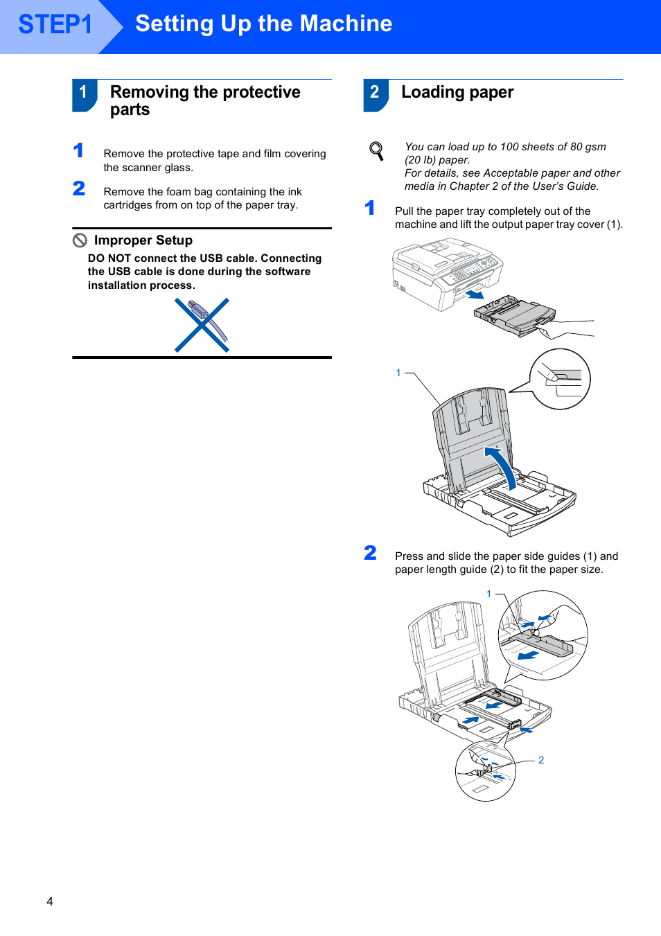 Step1 : setting up the machine, 1 removing the protective parts, 2 loading paper | Step1, Setting up the machine, Removing the protective parts loading paper, 1removing the protective parts, 2loading paper | Sony MFC-240C User Manual | Page 6 / 27