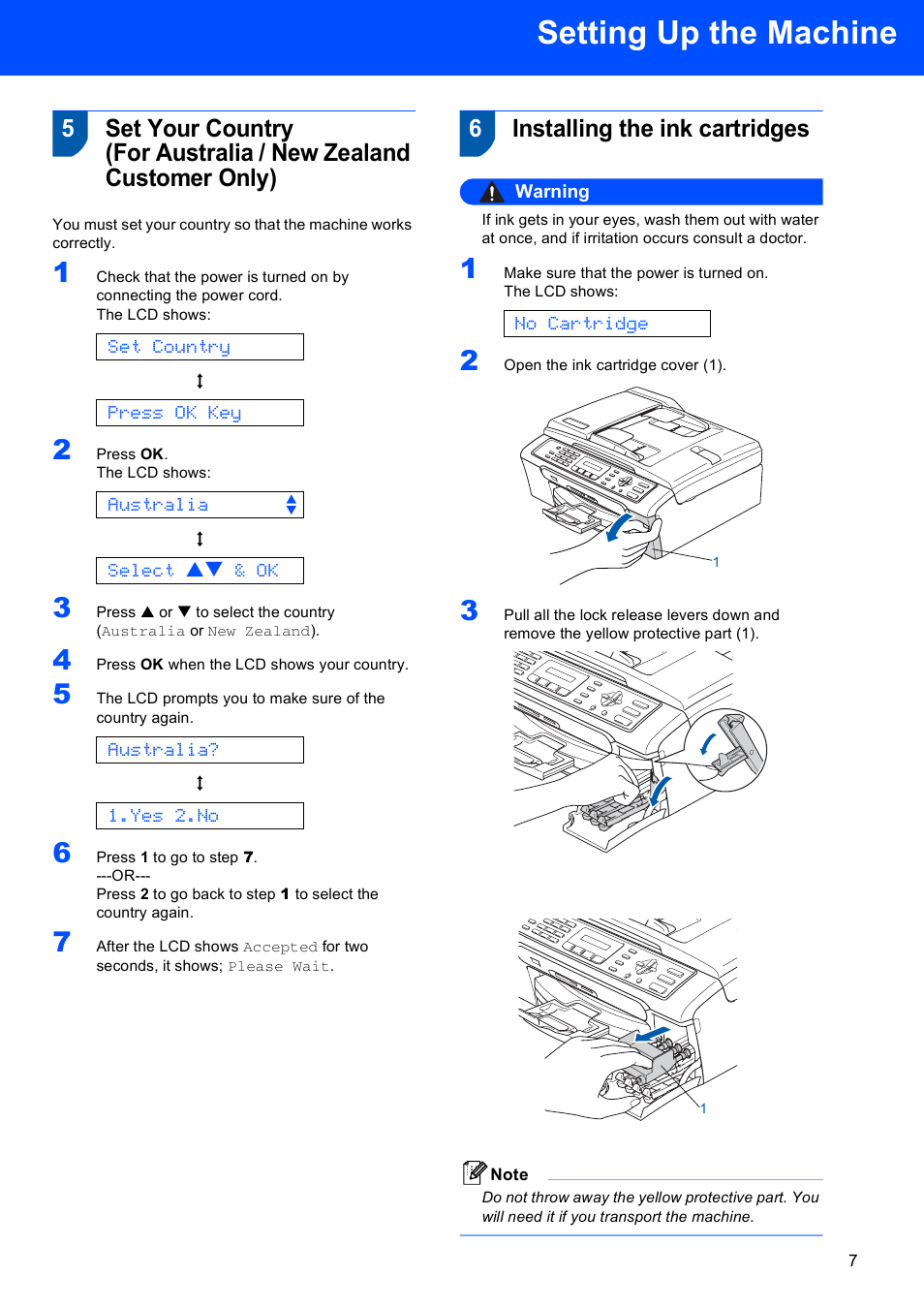 6 installing the ink cartridges, Setting up the machine, 6installing the ink cartridges | Set country, Press ok key, Australia e, Select ab & ok, Australia, Yes 2.no, No cartridge | Sony MFC-240C User Manual | Page 9 / 27