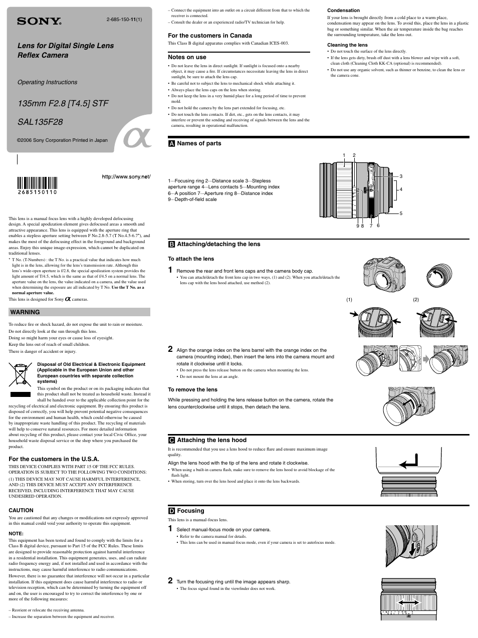 Sony SAL-135F28 User Manual | 2 pages