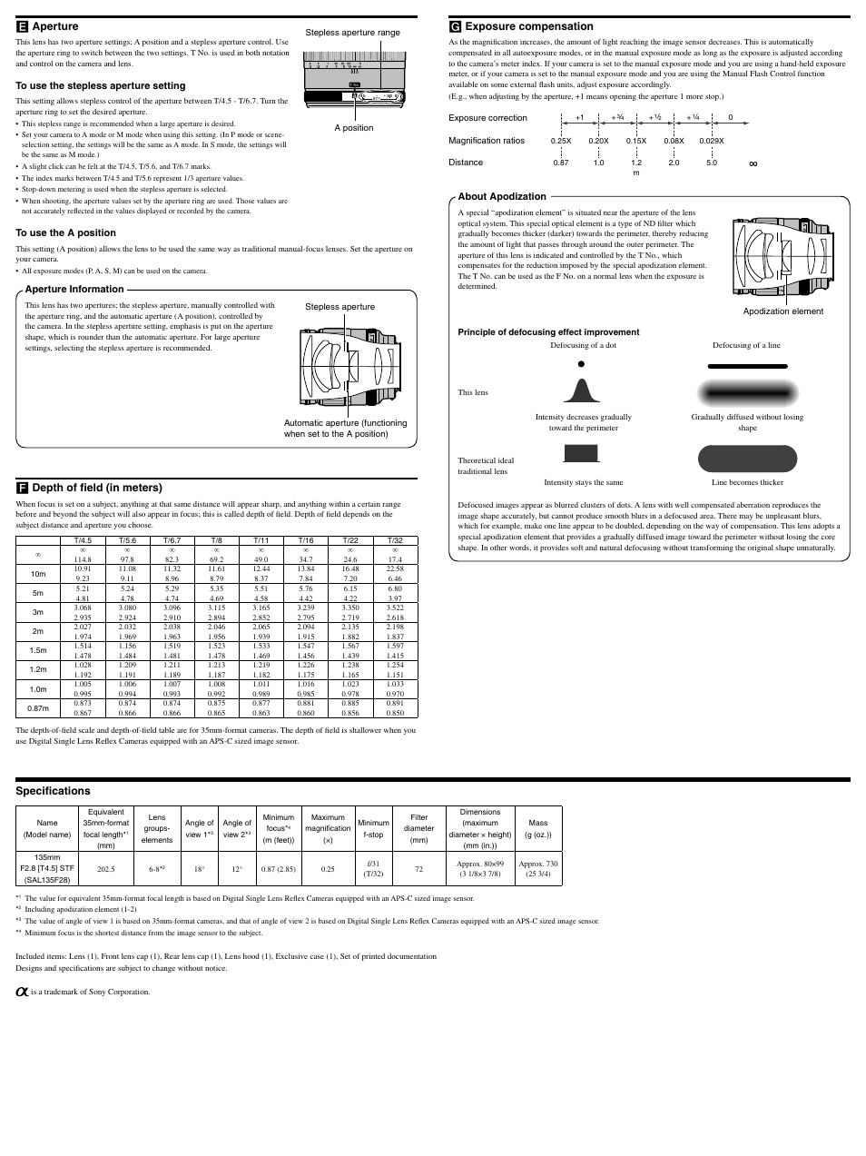 Rear side, Speciﬁcations, Aperture | Depth of ﬁeld (in meters), Exposure compensation | Sony SAL-135F28 User Manual | Page 2 / 2