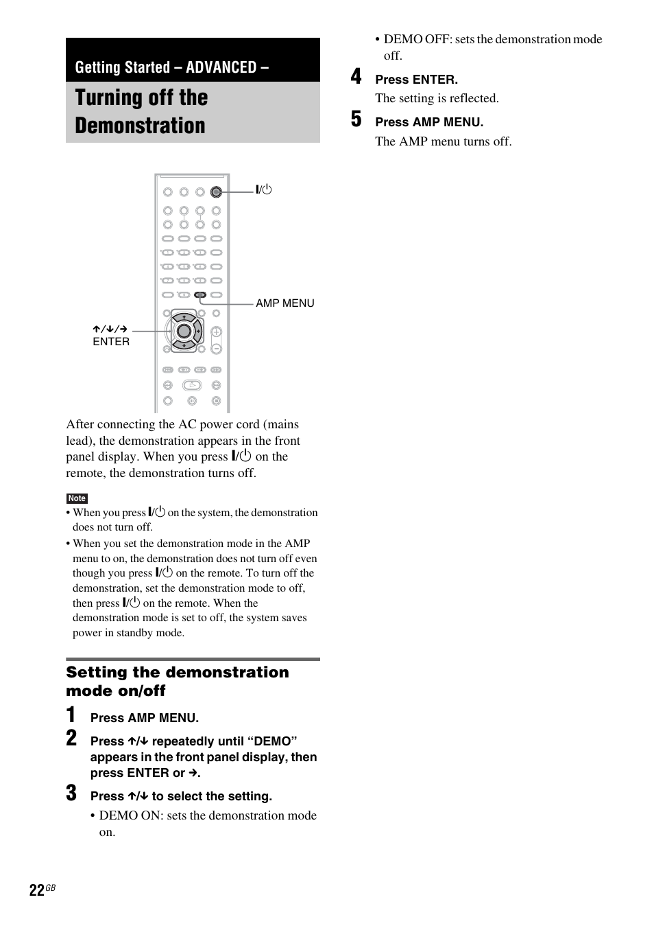 Getting started - advanced, Turning off the demonstration, Setting the demonstration mode on/off | Getting started – advanced | Sony DAV-DZ110 User Manual | Page 22 / 100